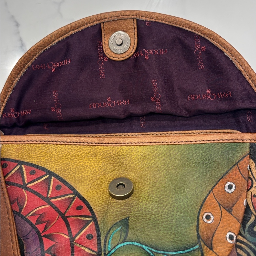 ANUSCHKA genuine leather flap shoulder bag hand painted colorful artsy brown - Picture 9 of 16